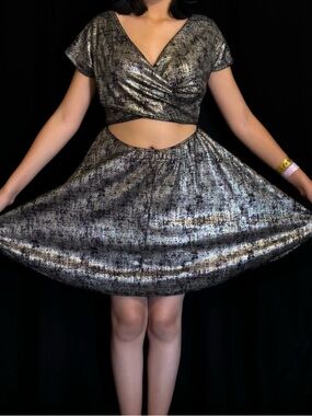 🩶 Rolla Coster Gorgeous Metallic Black & Silver Two-Piece Cutout Dress